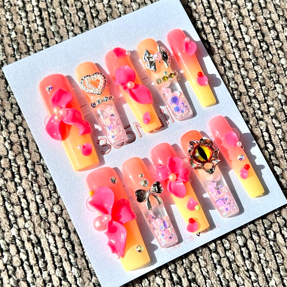 365nails: "Sunset Tangerine Glow" – Handmade 3D Floral Press-On Long Square Nails-4cm
