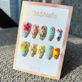 Handmade "Pastel Paradise" 3D Floral Press-on Nails | Mermaid Chrome & Textured Swirls | Almond | 10pcs Set