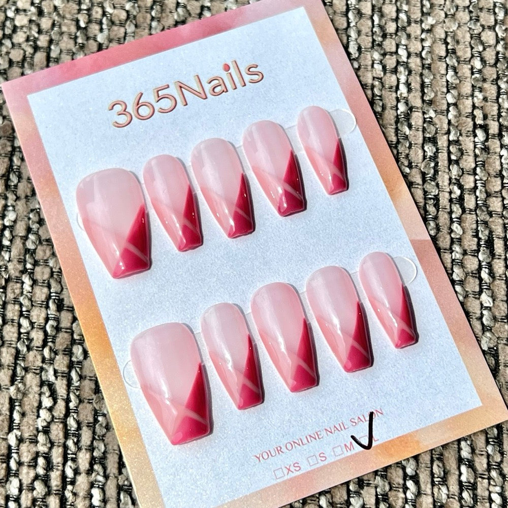 365nails: "Burgundy V-Shade" – Handmade Medium Coffin Press-On Nails