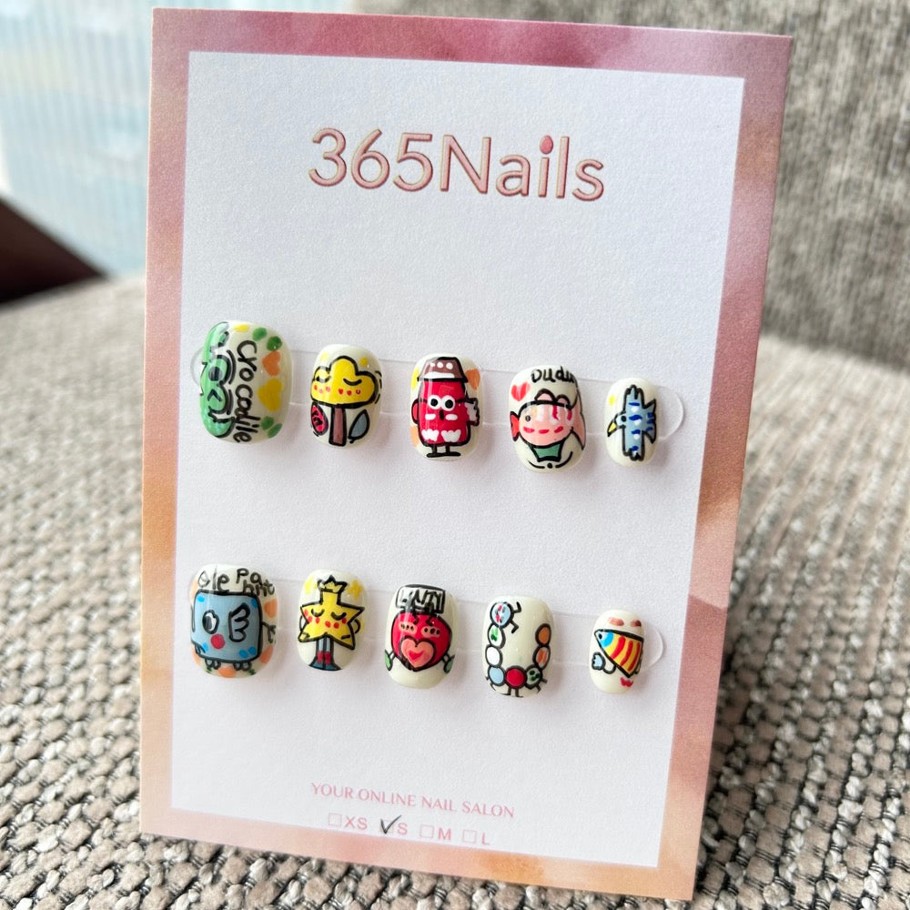 Cartoon & Dopamine: "Whimsical Sketchbook Friends" – Hand-Painted Crocodile, Walking Star & Doodle Characters Short Nails