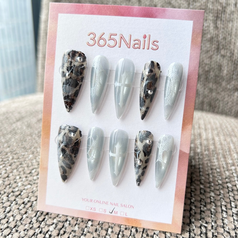 Femme Fatale: "Viper Saint" – Grey Cat Eye with White Lace, Animal Print & Gothic Cross Long Stiletto Nails