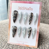 Femme Fatale: "Viper Saint" – Grey Cat Eye with White Lace, Animal Print & Gothic Cross Long Stiletto Nails