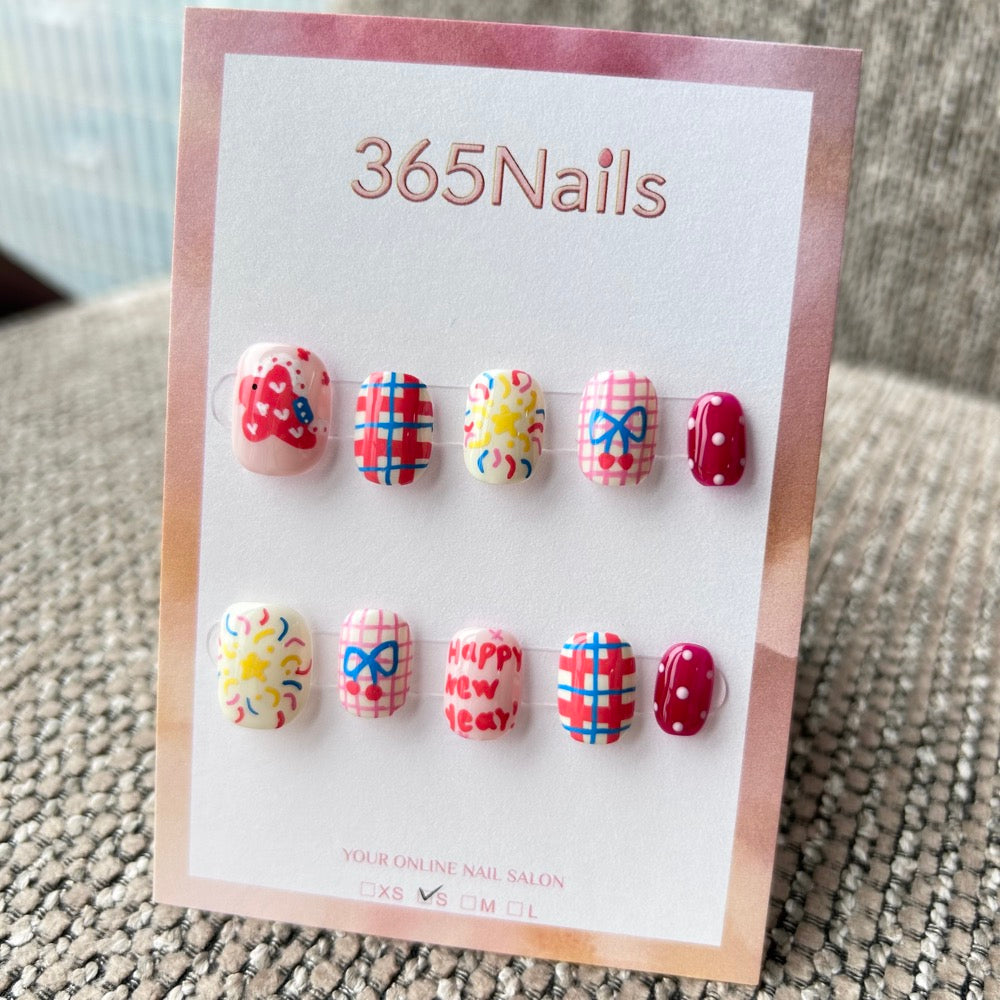 Cartoon & Dopamine: "Confetti Celebration" – Happy New Year Graffiti, Red Plaid, Cherry Bow & Fireworks Short Nails