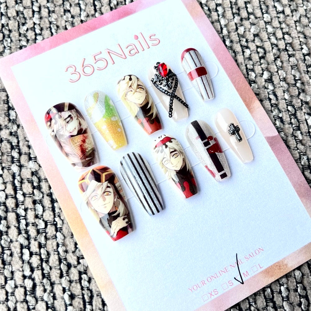 365nails: "Demon Slayer Douma Anime" – Handmade Medium Trapezoid Press-On Nails
