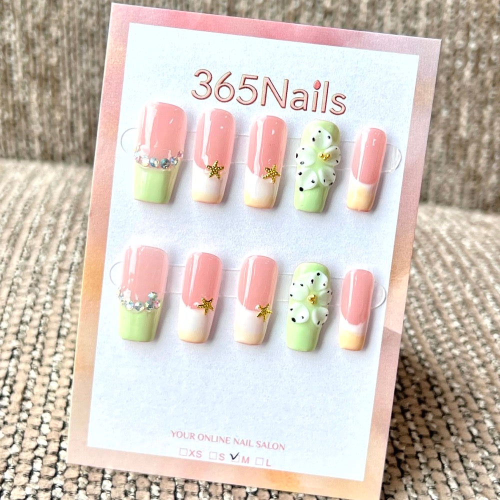 "Pink Green Gradient Floral Crystal" - Wholesale Ultra-Soft Flexible Fit Handmade Nails (MOQ=100)