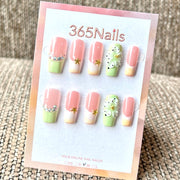 "Pink Green Gradient Floral Crystal" - Wholesale Ultra-Soft Flexible Fit Handmade Nails (MOQ=100)