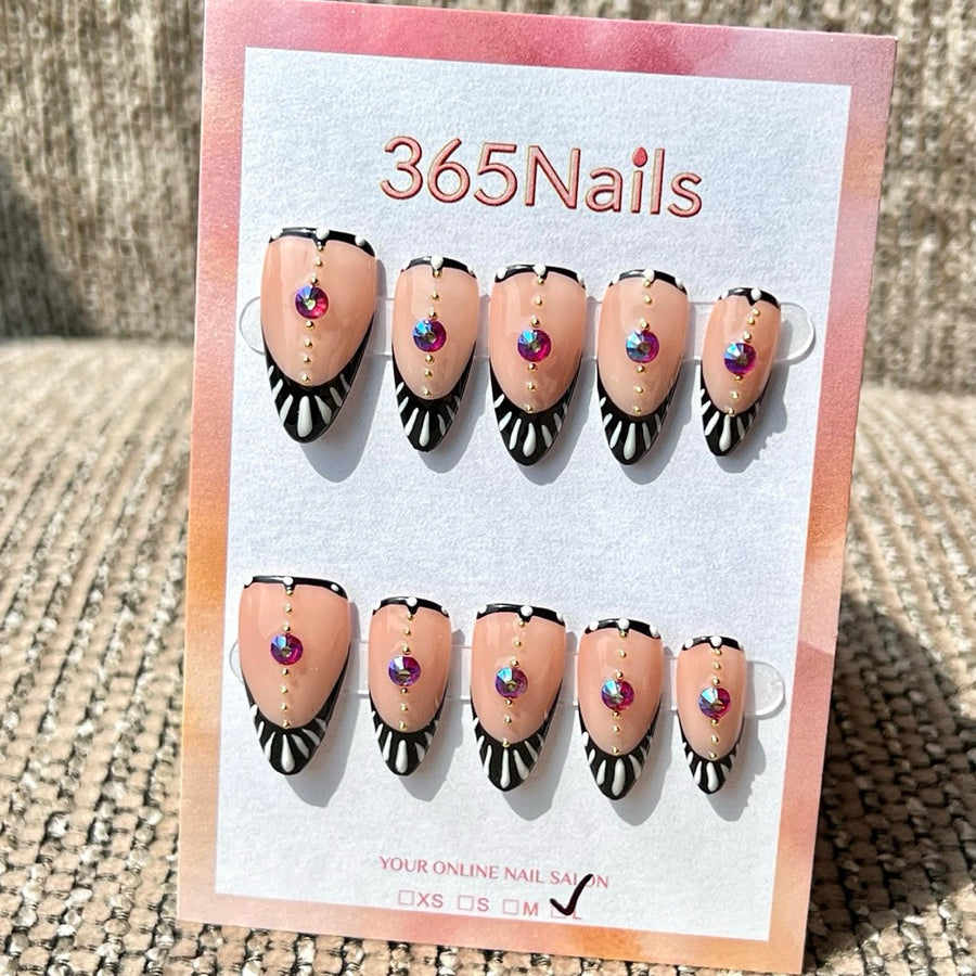 365nails 누드·블랙 지브라 라인스톤 골드 믹스 수제 미디엄 스틸레토형 프레스온 네일