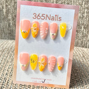 365nails: "Pink Yellow Flower Butterfly 3D" – Handmade Medium Stiletto Press-On Nails