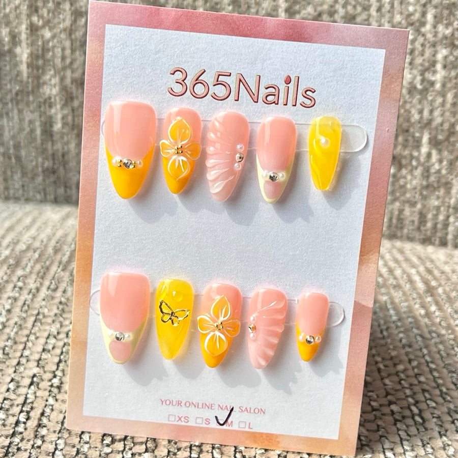 365nails 핑크·옐로우 꽃과 나비 3D 수제 미디엄 스틸레토형 프레스온 네일