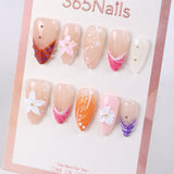 365Nails Peachy Nude Press-On Nails Hand-Painted Flowers Ribbon Fold French Jelly Gloss