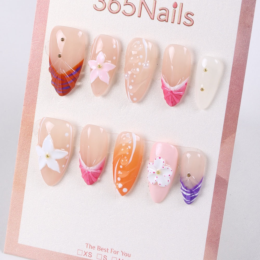 365Nails Peachy Nude Press-On Nails Hand-Painted Flowers Ribbon Fold French Jelly Gloss