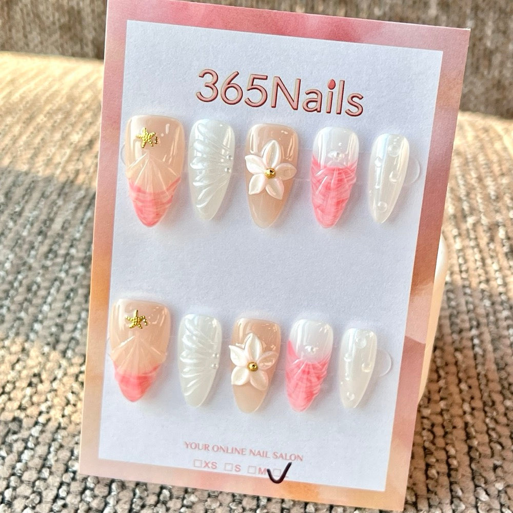 365nails: "Pink White Flower Starfish Shell 3D" – Handmade Medium Stiletto Press-On Nails