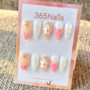 365nails: "Pink White Flower Starfish Shell 3D" – Handmade Medium Stiletto Press-On Nails