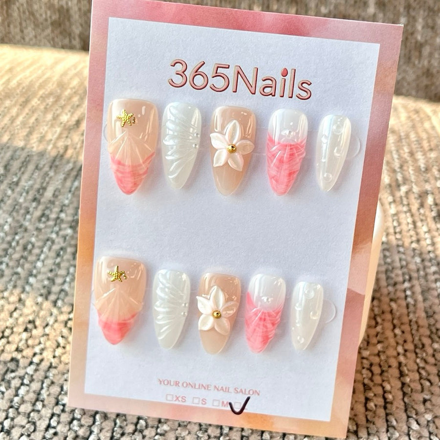 365nails 수제 미디엄 스틸레토형 프레스온 네일 – 핑크·화이트 꽃·불가사리·조개 3D