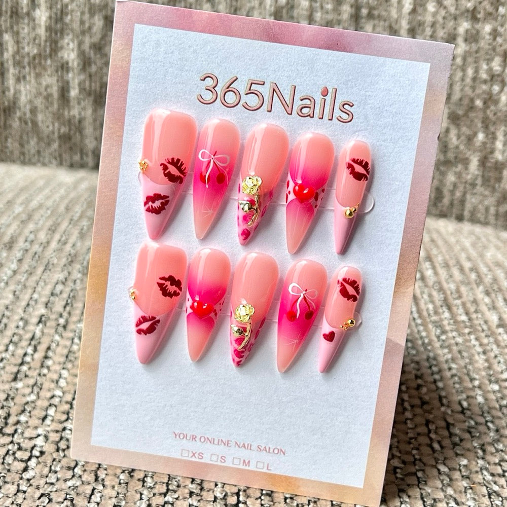 365nails: "Blush Kiss" – 3D Crystal Handmade Long Stiletto Press On Nails