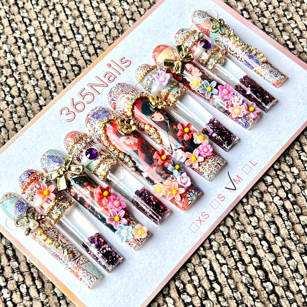 365nails: "Vintage Oriental Maiden" – Handmade Floral Liquid Motion Press-On Long Pipe Nails-5.5cm