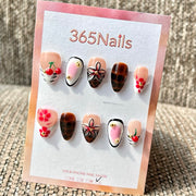 365nails: "Nude Brown Cherry Flower Mix" – Handmade Short Almond Press-On Nails