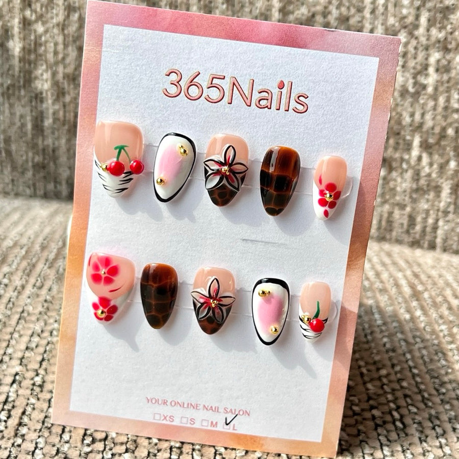 365nails: "Nude Brown Cherry Flower Mix" – Handmade Short Almond Press-On Nails