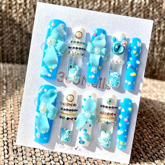 365nails: "Blue Candy Orchid" – Handmade Liquid Motion Press-On Medium Square Nails-4cm