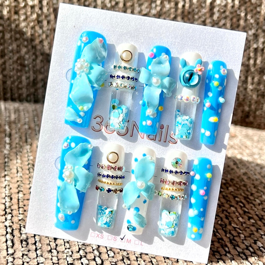 365nails: "Blue Candy Orchid" – Handmade Liquid Motion Press-On Medium Square Nails-4cm