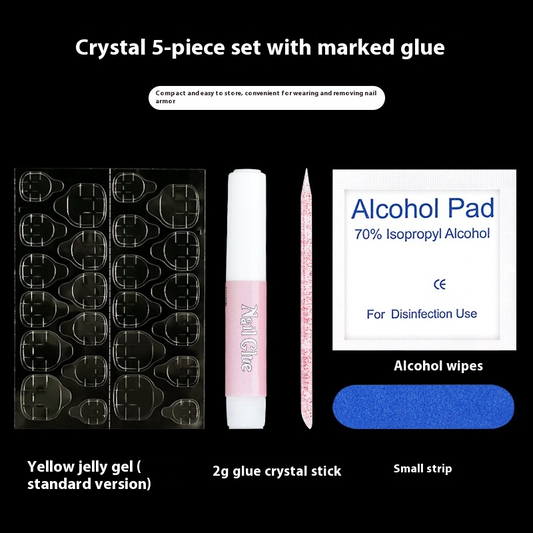 Press on nails accessories package: glue, rubbing strips, crystal rods, cleaning cotton, jelly glue