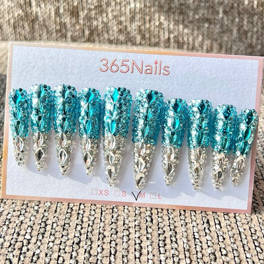 365nails 블루 실버 라인스톤 수제 롱 스틸레토형 프레스온 네일