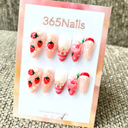 365nails: "Strawberry Sorbet" – 3D Fruit & Floral Handmade Almond Nails