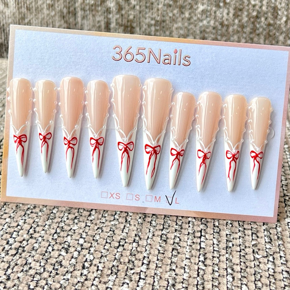 365nails: "絲綢緞帶" – 手工製手繪蝴蝶結法式穿戴甲 長款 尖形
