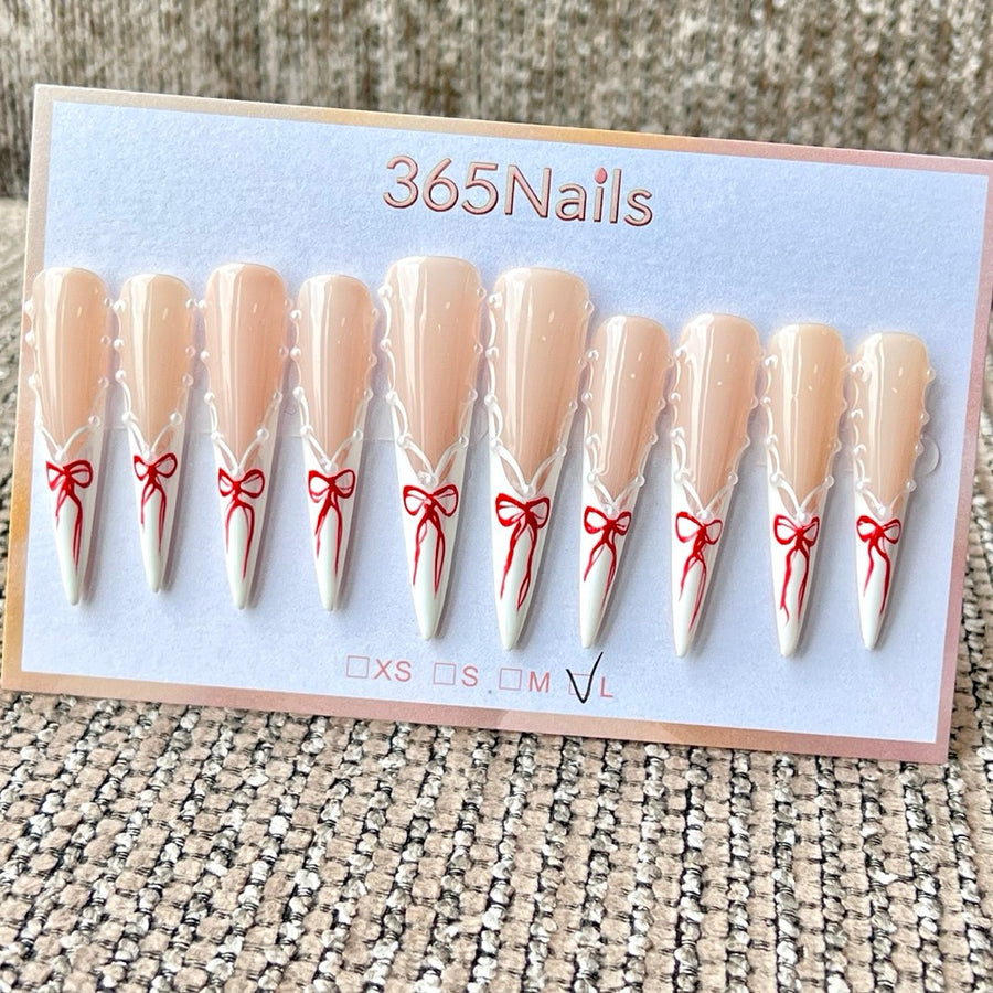 365nails: "Silk Ribbon" – Hand-Painted Bow French Tip Handmade Press on Nails Long Stiletto Nails