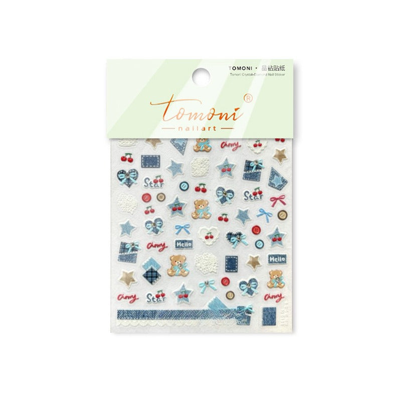 Denim Teddy Collection: "Denim Teddy & Cherry" – 3D Embossed Nail Sticker