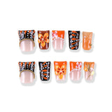 Autumn Orange Black French Style × 3D Flower and Pearl Necklace Press On Nail