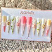 365nails: "Pink White Flower Vine Pearl Long" – Handmade Long Stiletto Press-On Nails