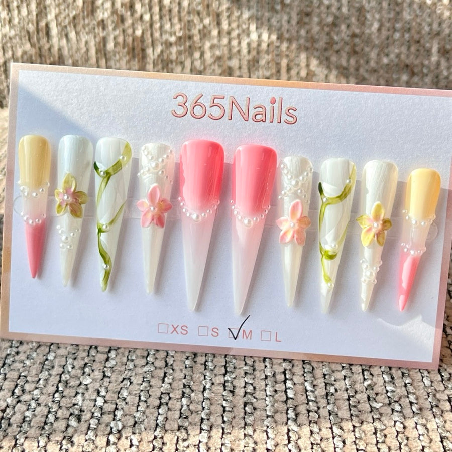 365nails: "Pink White Flower Vine Pearl Long" – Handmade Long Stiletto Press-On Nails