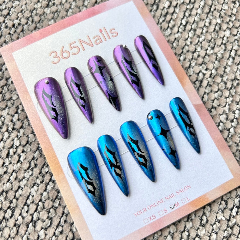 Femme Fatale: "Galactic Sigil" – Violet & Azure Cat Eye with Black Cyber Tribal Totems Long Stiletto Nails