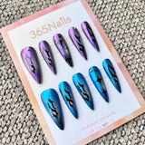 Femme Fatale: "Galactic Sigil" – Violet & Azure Cat Eye with Black Cyber Tribal Totems Long Stiletto Nails