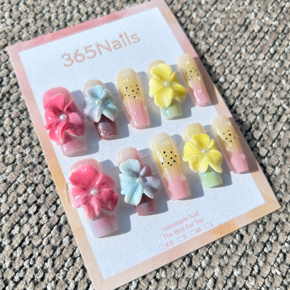 Sculpted Flora: "Pastel Garden Jelly" – 3D Tri-Color Flowers on Speckled Ombre Nails with Dewdrops