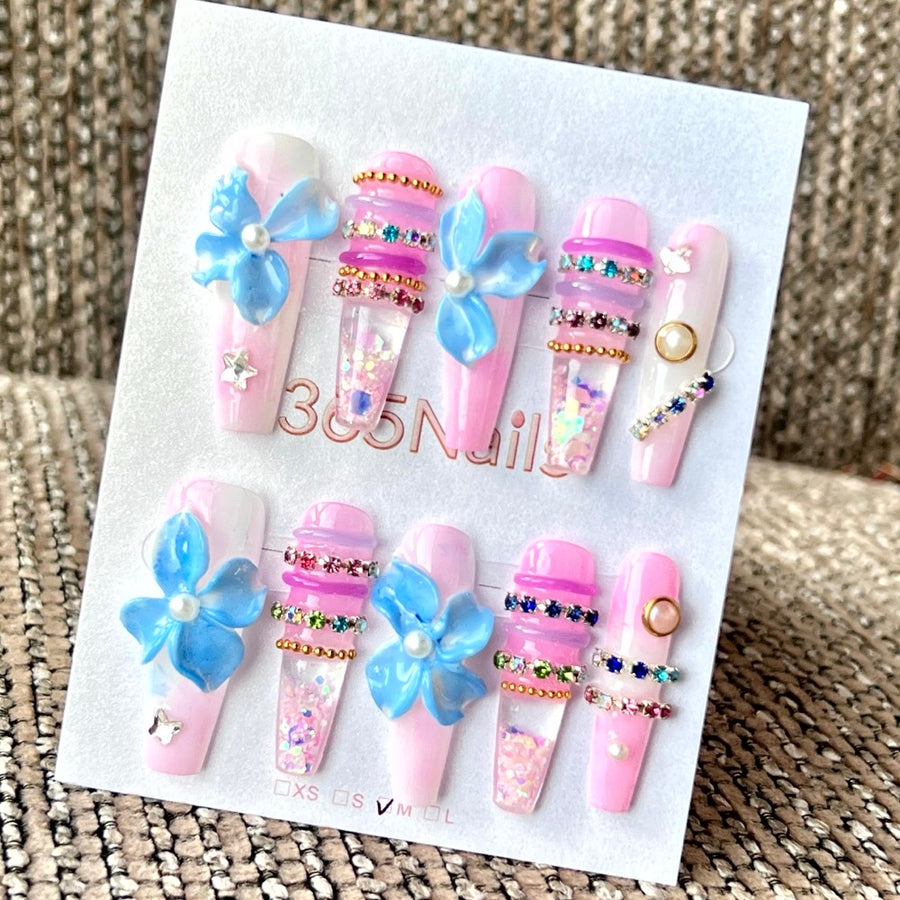 365nails: "Sky Blue Orchid Bloom" – 수제 리퀴드 모션 프레스온 네일 미디엄 스퀘어형 3.5cm