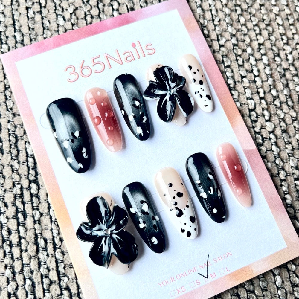 365nails: "Midnight Dahlia" – 3D Floral Handmade Coffin Nails