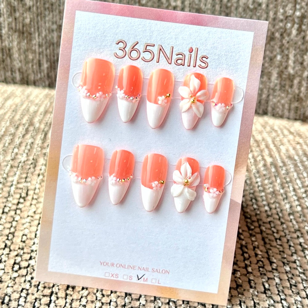 "Peach French Flower" - Wholesale Ultra-Soft Flexible Fit Handmade Nails (MOQ=100)