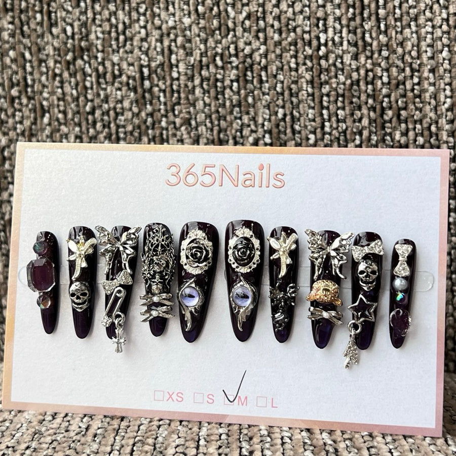 365nails: ongles press-on fait main gothique bordeaux — rose et crâne