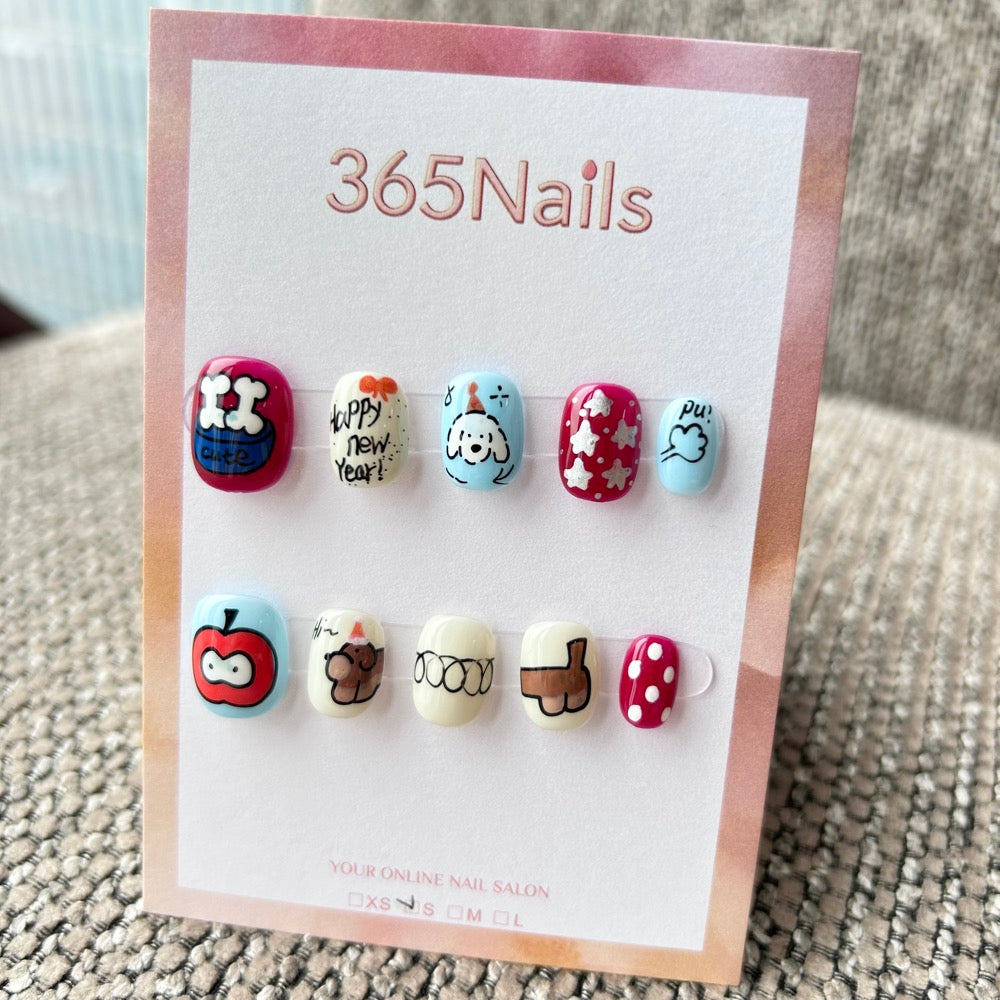 Cartoon & Dopamine: "Party Pups" – Happy New Year Dog, Bone Bowl & Silver Star Graffiti Short Nails