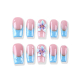Pink and blue water ripple French style × 3D flowers medium square press on nail
