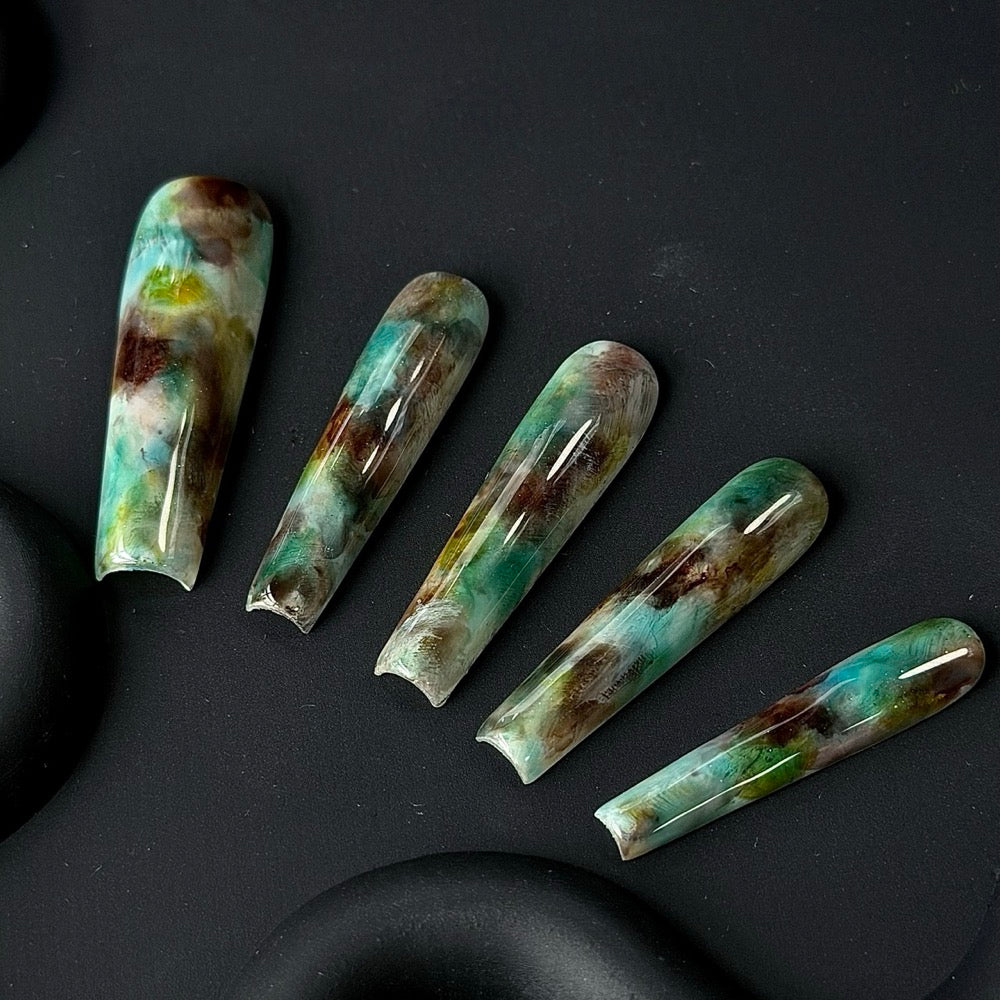 Short Coffin Green Brown Swirl Jelly Press-On Nails