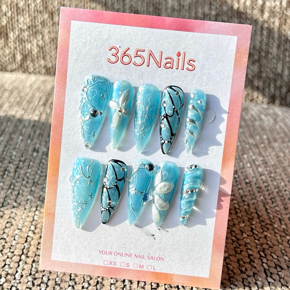365nails: "Ocean Blue Silver" – Handmade Medium Stiletto Press-On Nails