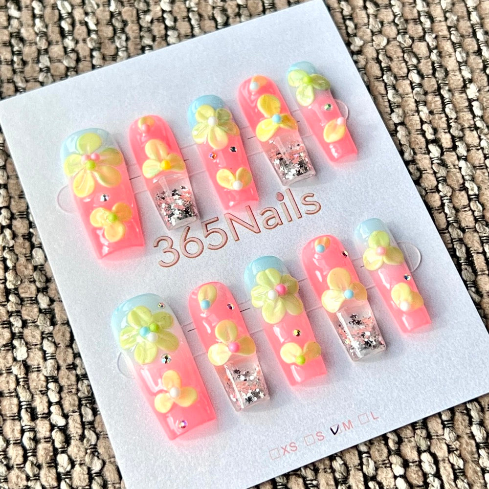 365nails: "Pastel Flower Pop" – Handmade Liquid Motion Press-On Medium Square Nails-3cm