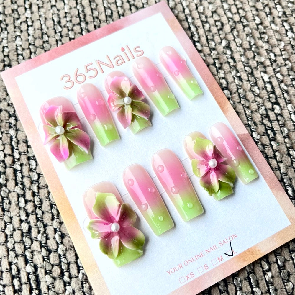 365nails: "Spring Watercolor" – 3D Floral Handmade Square Nails