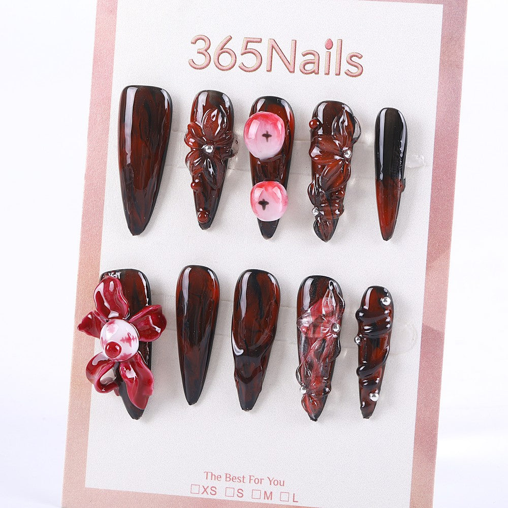 Dark Red Floral Press-On Nails with 3D Sculpted Flowers and Pearl Accents