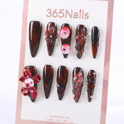 Dark Red Floral Press-On Nails with 3D Sculpted Flowers and Pearl Accents ( MOQ=5pcs )