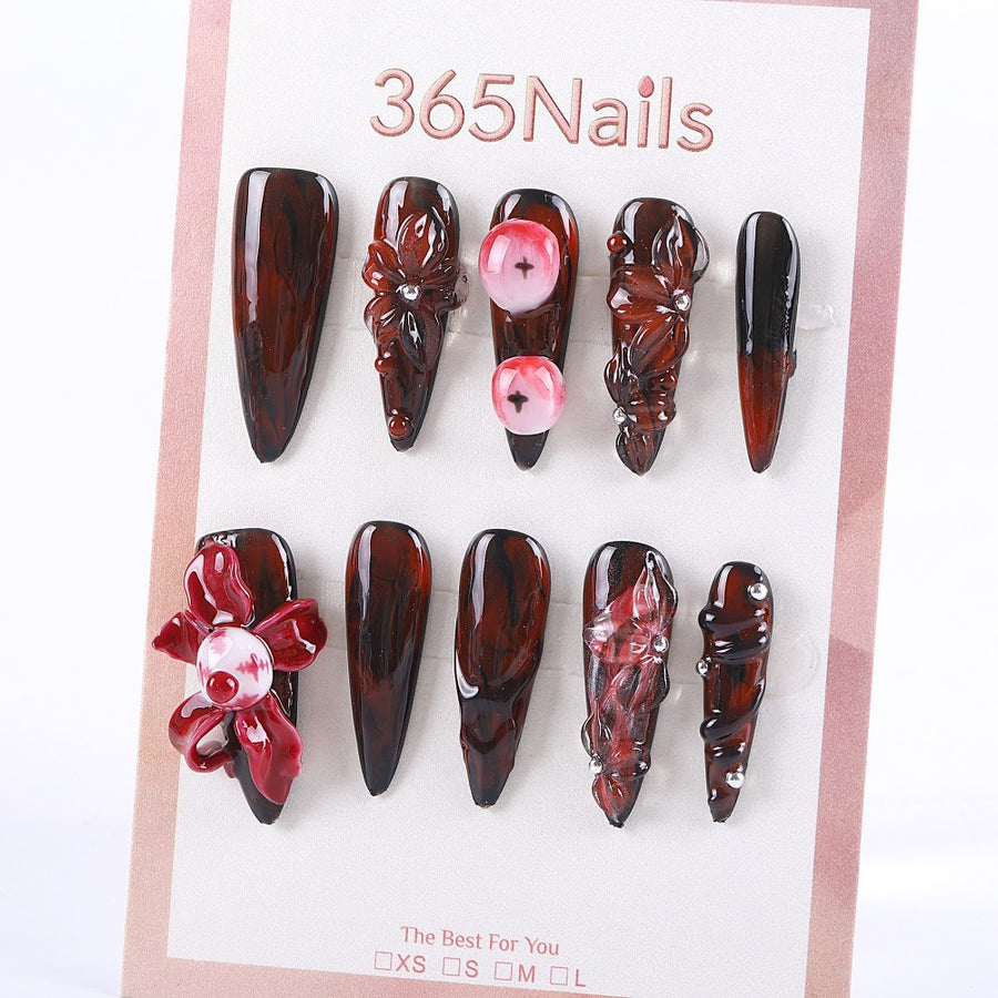 Dark Red Floral Press-On Nails with 3D Sculpted Flowers and Pearl Accents ( MOQ=5pcs )