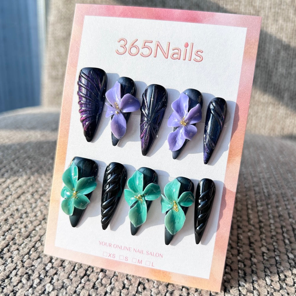 Sculpted Flora: "Gothic Garden" – Mismatched 3D Purple & Green Flowers on Black Stiletto Nails with Textured Ribs